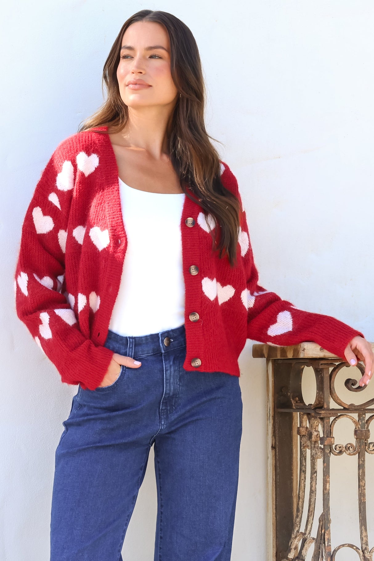 Allaria Cardigan - V-Neck Button Front Heart Motif Knit in Red