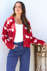 Allaria Cardigan - V-Neck Button Front Heart Motif Knit in Red