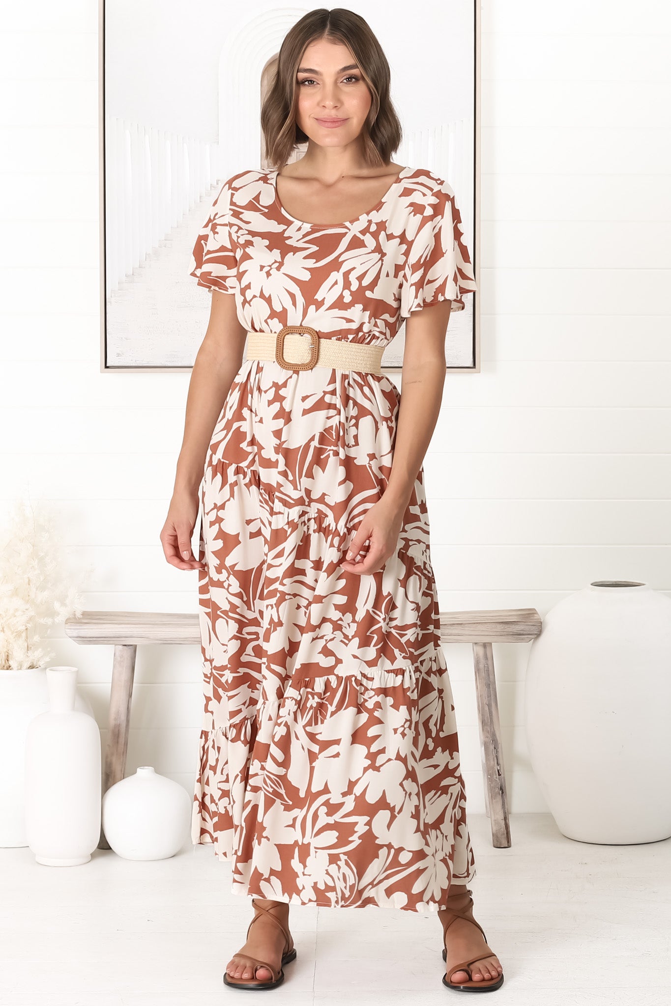 Allegra Midi Dress - Relaxed Asymmetric Tiered Smock Dress in Charis Print Rust