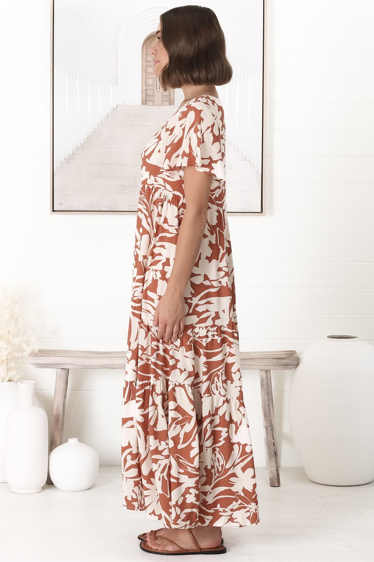 Allegra Midi Dress - Relaxed Asymmetric Tiered Smock Dress in Charis Print Rust