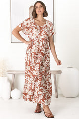 Allegra Midi Dress - Relaxed Asymmetric Tiered Smock Dress in Charis Print Rust