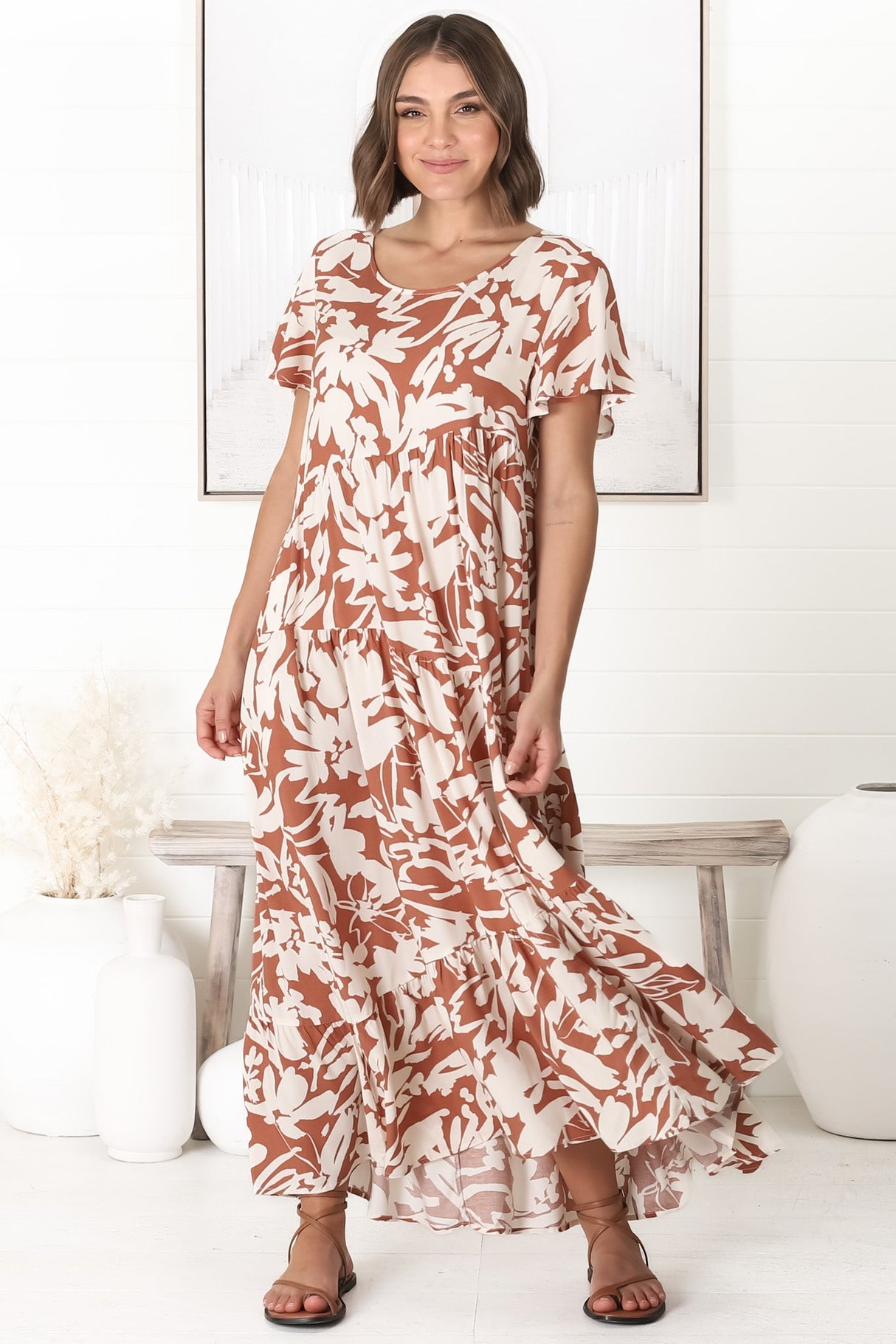 Allegra Midi Dress - Relaxed Asymmetric Tiered Smock Dress in Charis Print Rust