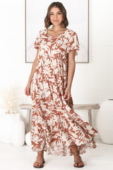 Allegra Midi Dress - Relaxed Asymmetric Tiered Smock Dress in Charis Print Rust