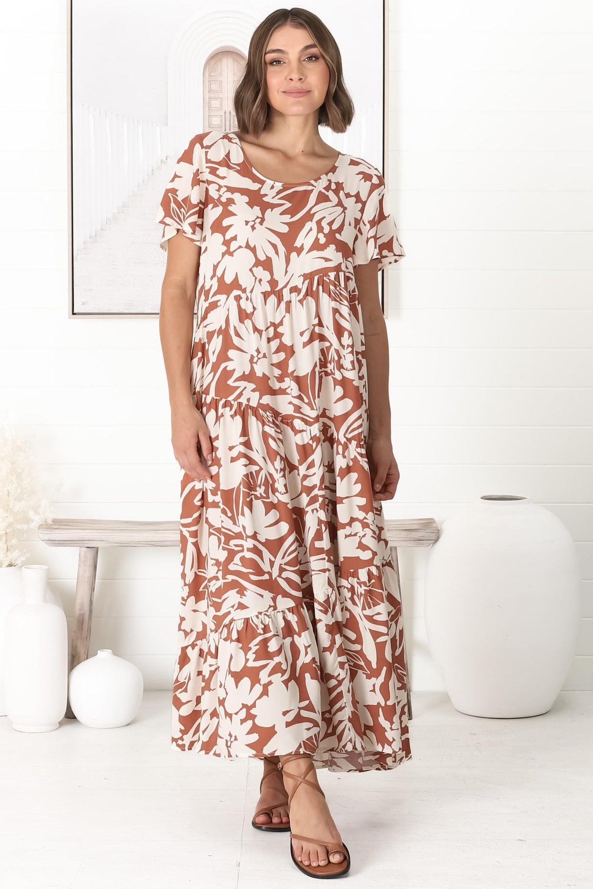 Allegra Midi Dress - Relaxed Asymmetric Tiered Smock Dress in Charis Print Rust