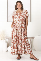 Allegra Midi Dress - Relaxed Asymmetric Tiered Smock Dress in Charis Print Rust