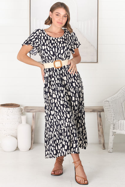 Allegra Midi Dress - Relaxed Asymmetric Tiered Smock Dress in Evie Print Navy
