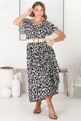 Allegra Midi Dress - Relaxed Asymmetric Tiered Smock Dress in Evie Print Navy