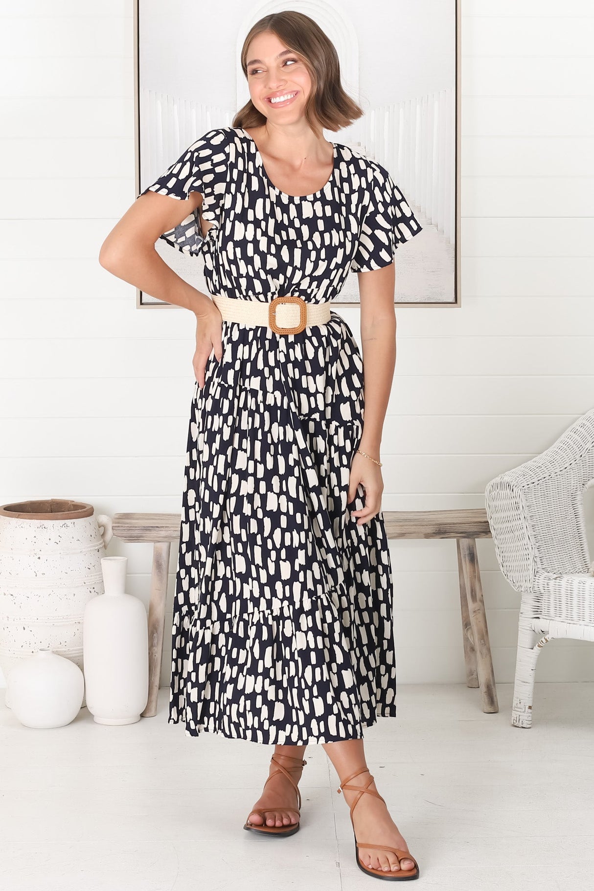 Allegra Midi Dress - Relaxed Asymmetric Tiered Smock Dress in Evie Print Navy