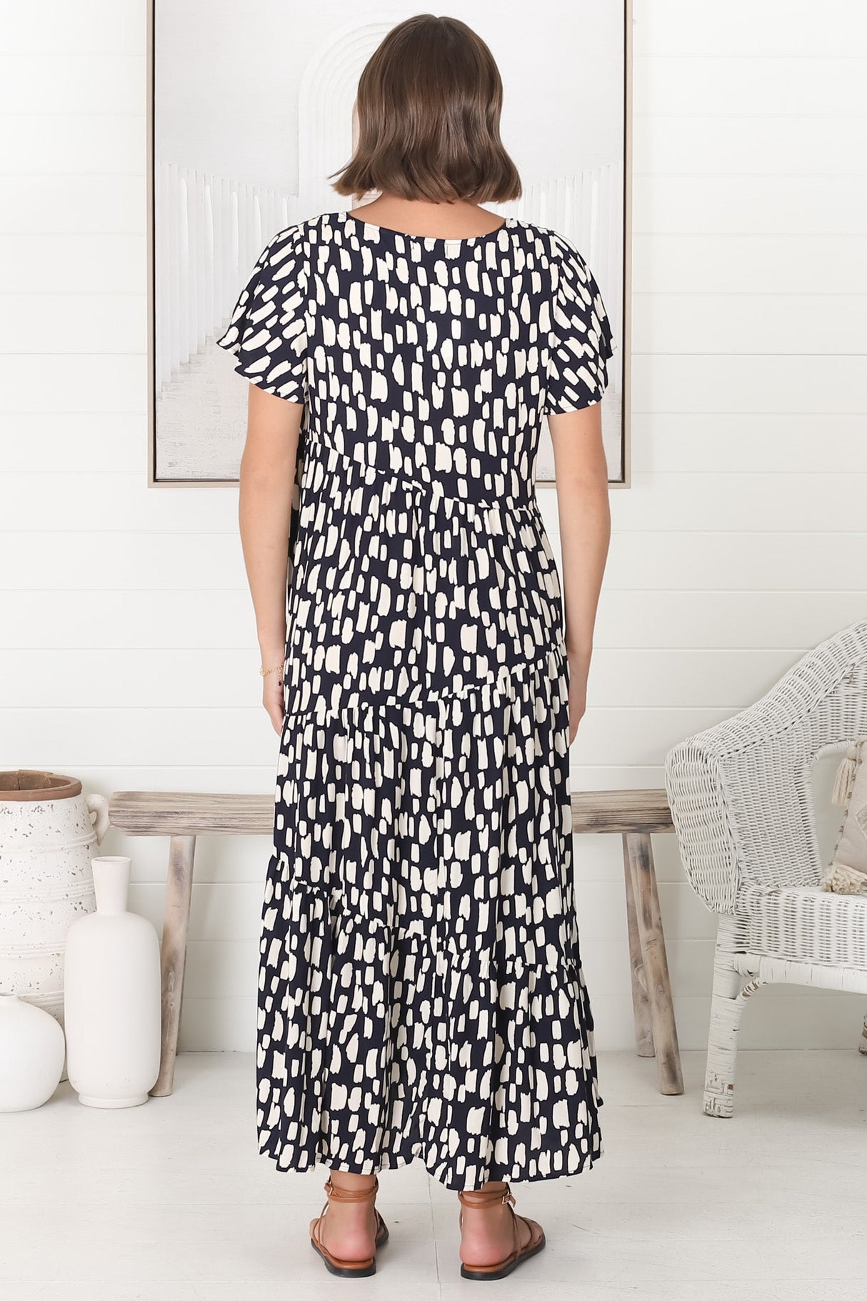 Allegra Midi Dress - Relaxed Asymmetric Tiered Smock Dress in Evie Print Navy