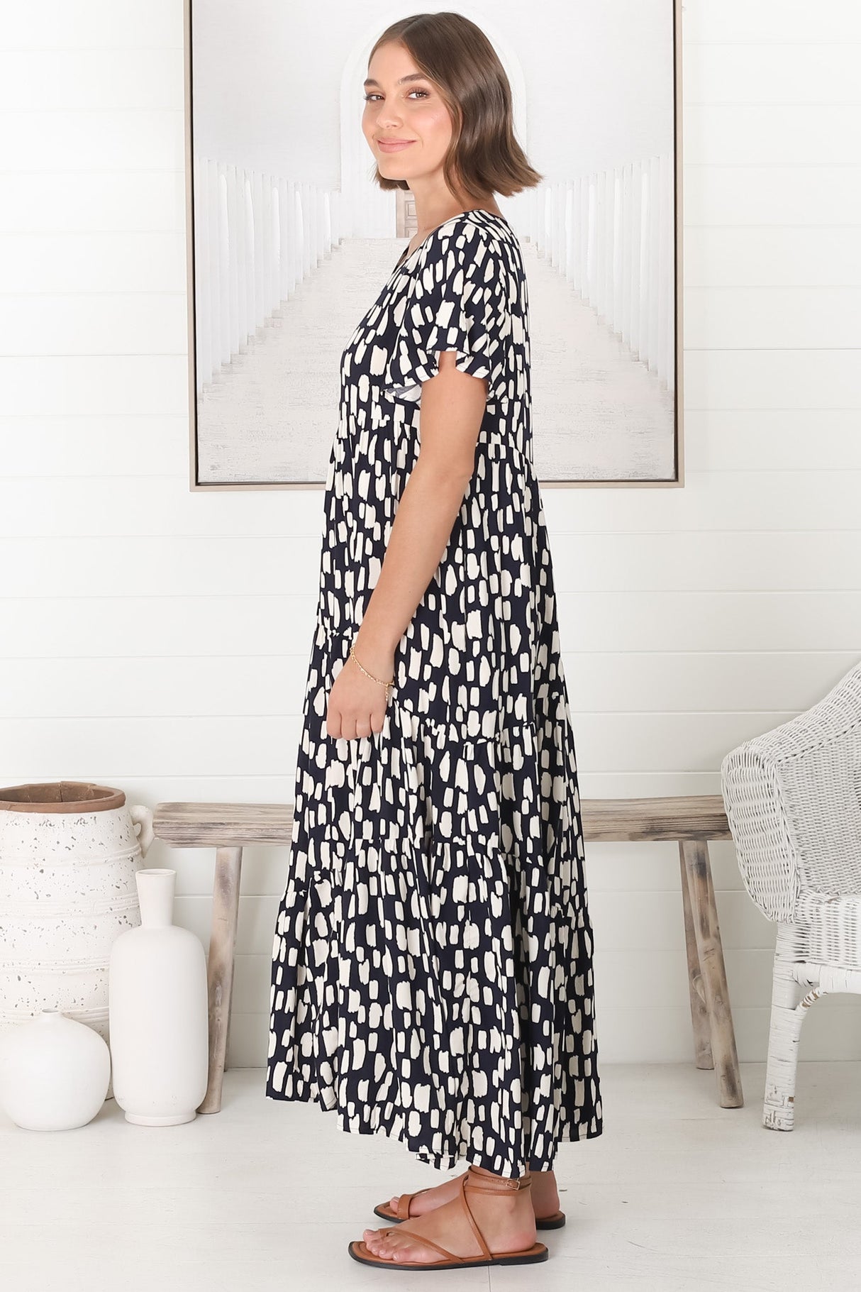 Allegra Midi Dress - Relaxed Asymmetric Tiered Smock Dress in Evie Print Navy