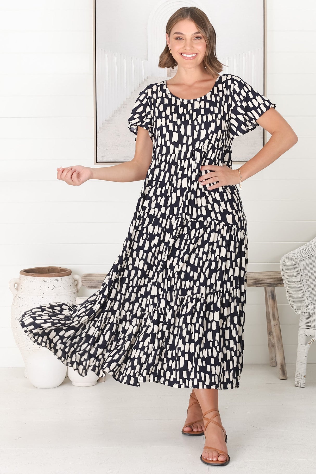 Allegra Midi Dress - Relaxed Asymmetric Tiered Smock Dress in Evie Print Navy