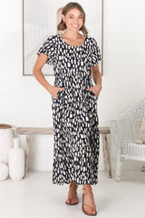 Allegra Midi Dress - Relaxed Asymmetric Tiered Smock Dress in Evie Print Navy