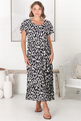 Allegra Midi Dress - Relaxed Asymmetric Tiered Smock Dress in Evie Print Navy