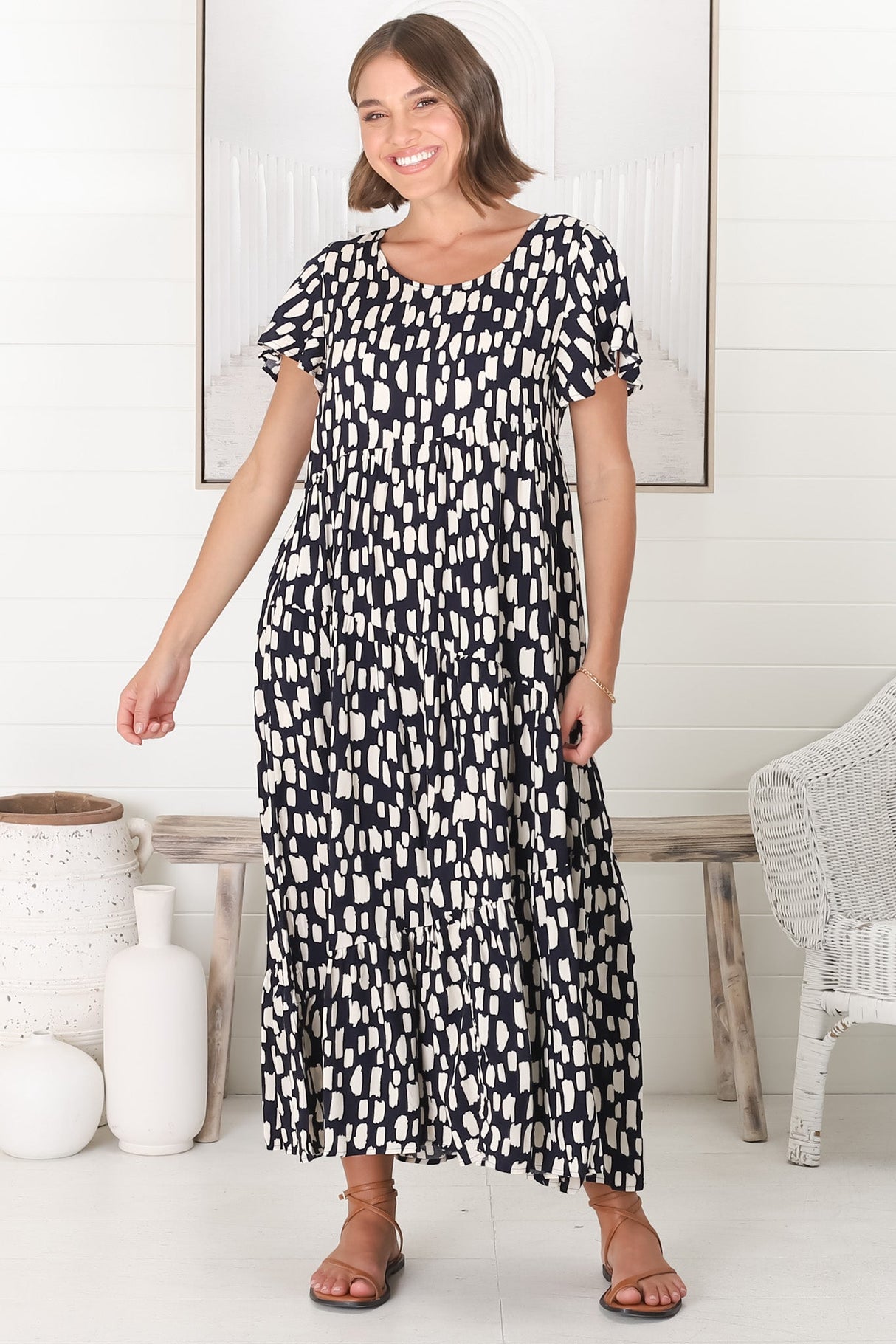 Allegra Midi Dress - Relaxed Asymmetric Tiered Smock Dress in Evie Print Navy