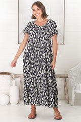 Allegra Midi Dress - Relaxed Asymmetric Tiered Smock Dress in Evie Print Navy