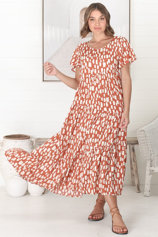 Allegra Midi Dress - Relaxed Asymmetric Tiered Smock Dress in Evie Print Rust