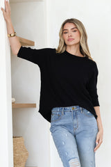 Allegra Knit Top - Crew Neck Curved Hem Box Silhouette Top in Black