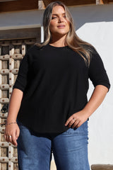 Allegra Knit Top - Crew Neck Curved Hem Box Silhouette Top in Black