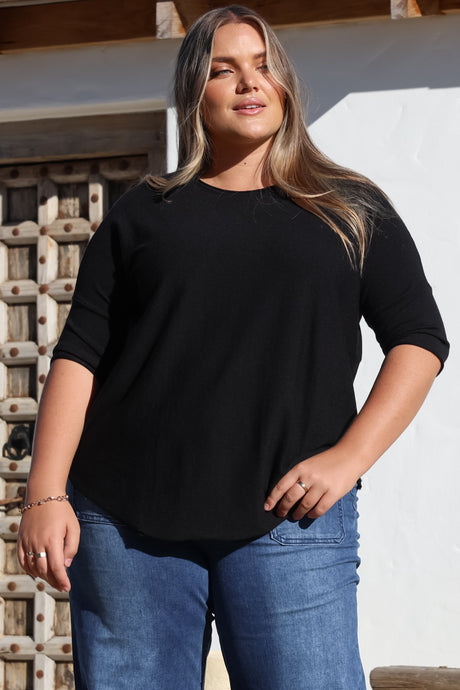 Allegra Knit Top - Crew Neck Curved Hem Box Silhouette Top in Black
