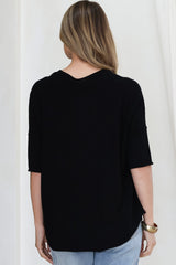 Allegra Knit Top - Crew Neck Curved Hem Box Silhouette Top in Black