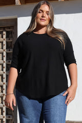 Allegra Knit Top - Crew Neck Curved Hem Box Silhouette Top in Black