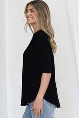 Allegra Knit Top - Crew Neck Curved Hem Box Silhouette Top in Black