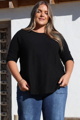 Allegra Knit Top - Crew Neck Curved Hem Box Silhouette Top in Black
