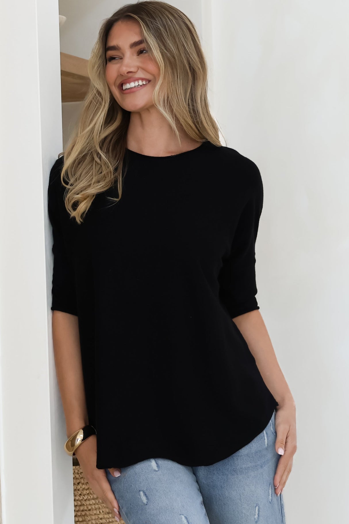 Allegra Knit Top - Crew Neck Curved Hem Box Silhouette Top in Black