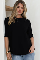 Allegra Knit Top - Crew Neck Curved Hem Box Silhouette Top in Black