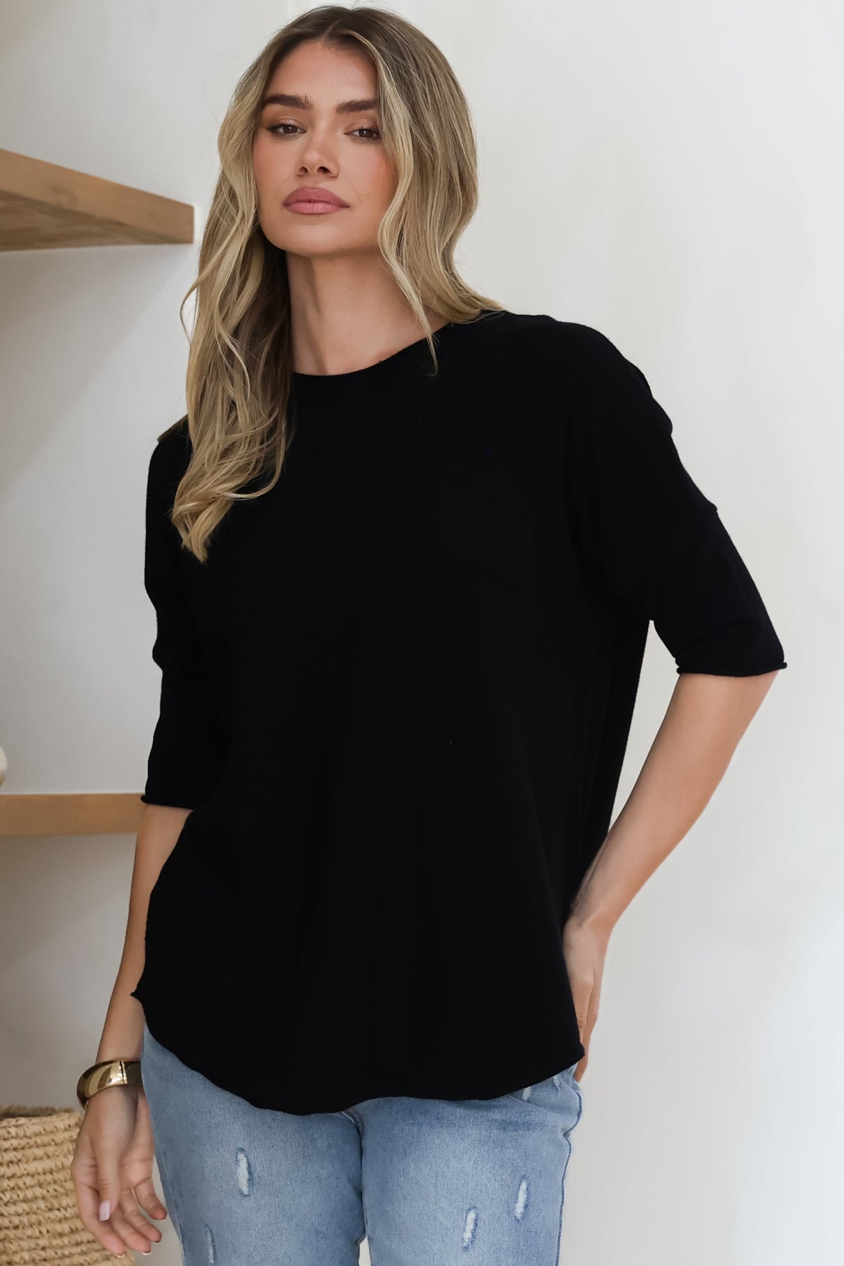 Allegra Knit Top - Crew Neck Curved Hem Box Silhouette Top in Black