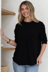 Allegra Knit Top - Crew Neck Curved Hem Box Silhouette Top in Black