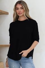 Allegra Knit Top - Crew Neck Curved Hem Box Silhouette Top in Black