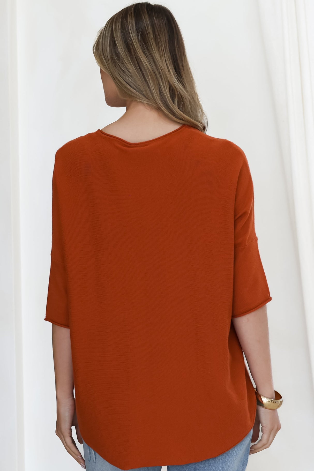 Allegra Knit Top - Crew Neck Curved Hem Box Silhouette Top in Burnt Orange