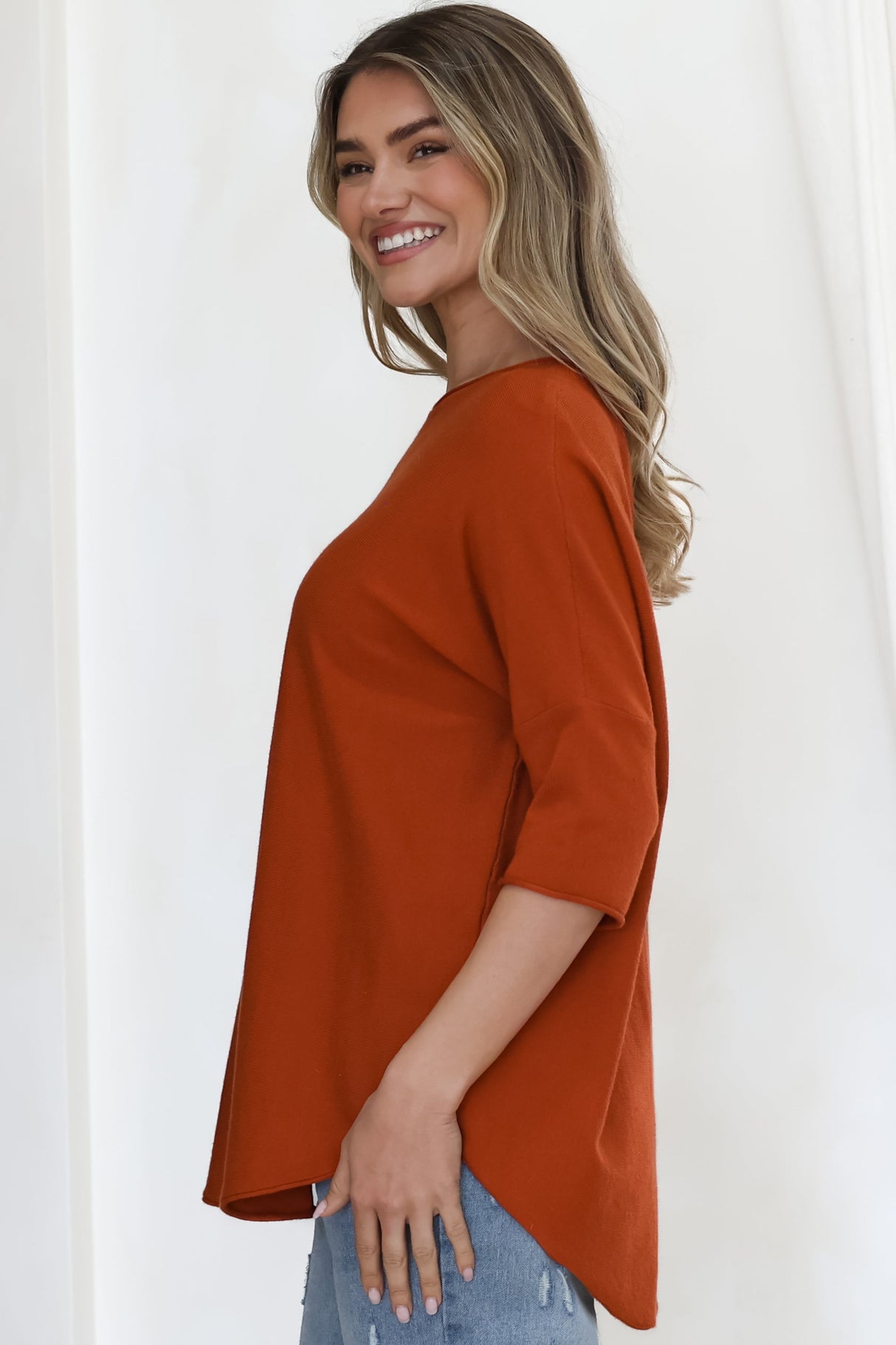 Allegra Knit Top - Crew Neck Curved Hem Box Silhouette Top in Burnt Orange