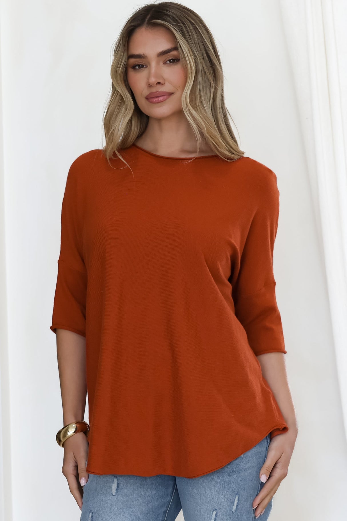 Allegra Knit Top - Crew Neck Curved Hem Box Silhouette Top in Burnt Orange