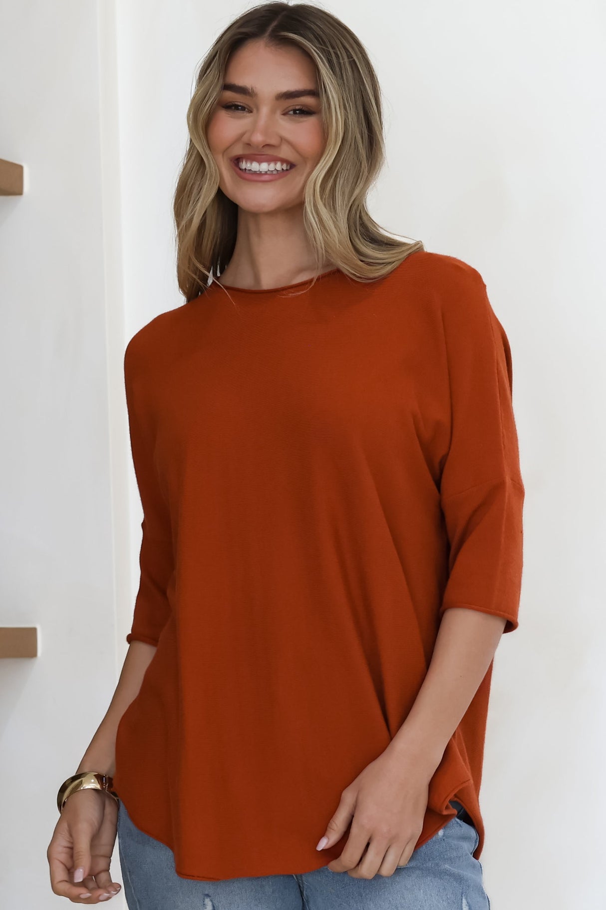 Allegra Knit Top - Crew Neck Curved Hem Box Silhouette Top in Burnt Orange