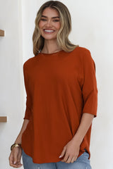 Allegra Knit Top - Crew Neck Curved Hem Box Silhouette Top in Burnt Orange