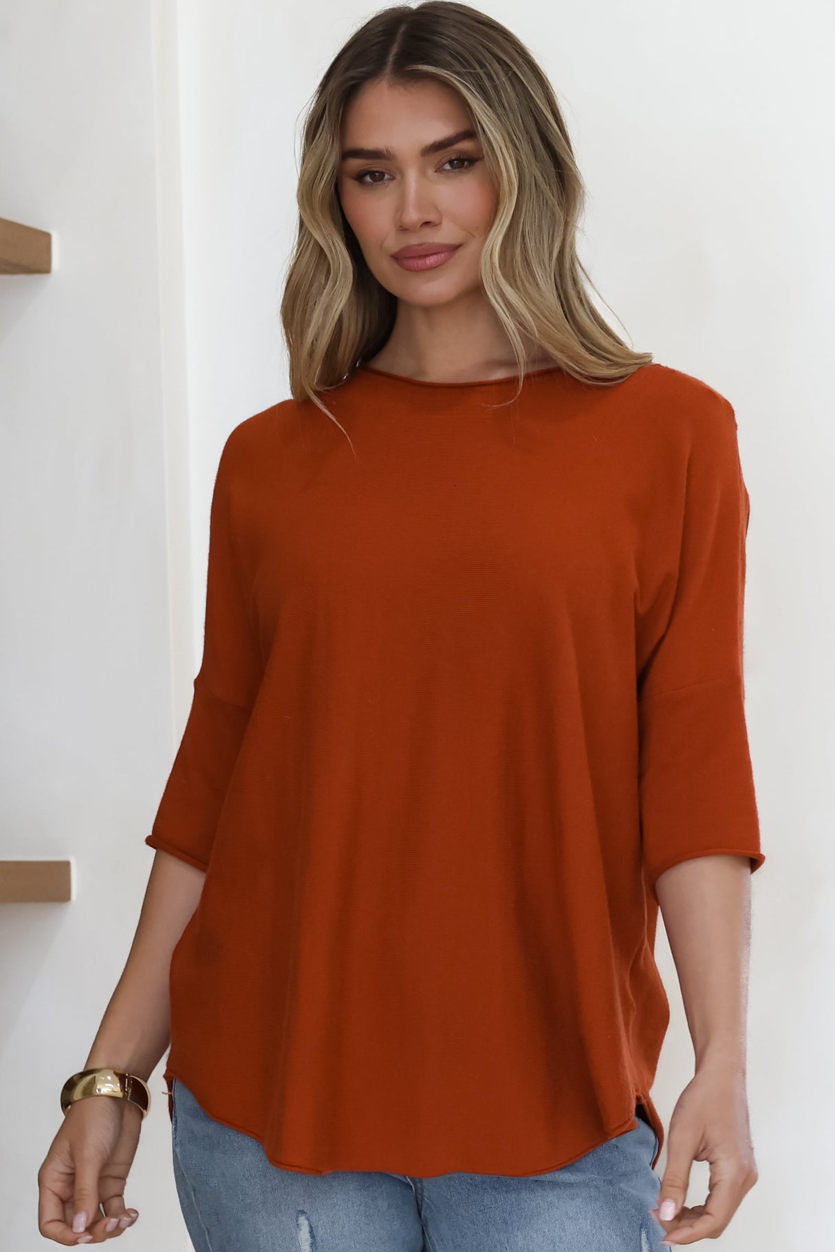 Allegra Knit Top - Crew Neck Curved Hem Box Silhouette Top in Burnt Orange