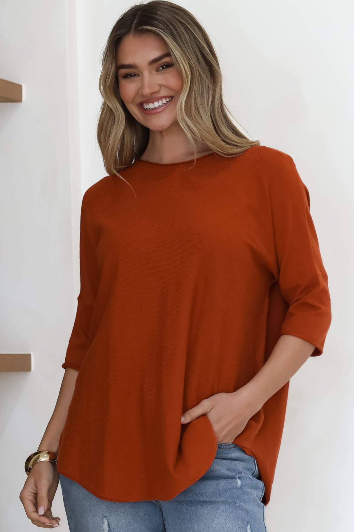 Allegra Knit Top - Crew Neck Curved Hem Box Silhouette Top in Burnt Orange