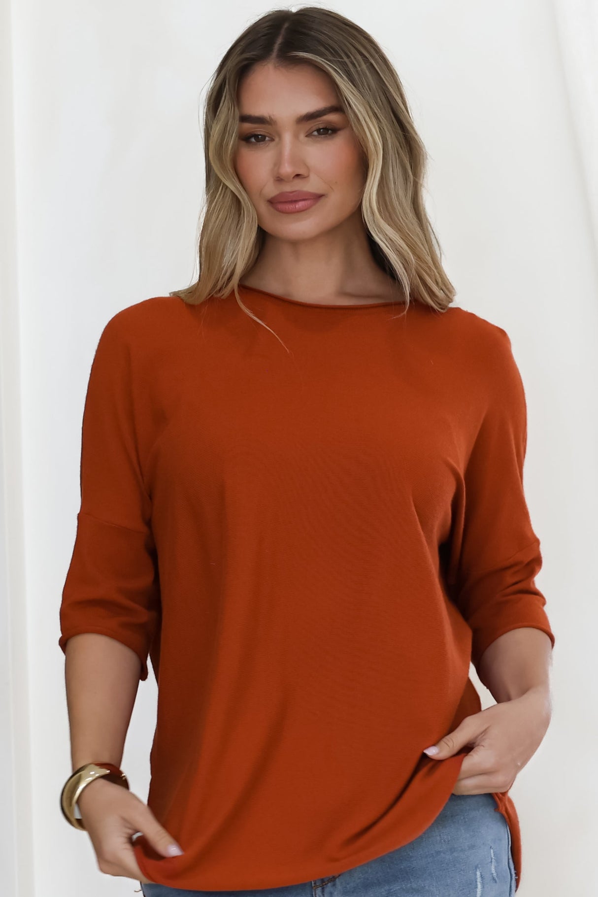 Allegra Knit Top - Crew Neck Curved Hem Box Silhouette Top in Burnt Orange