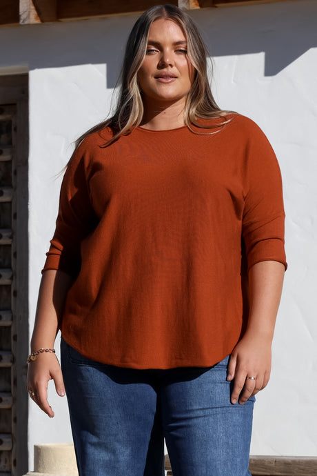 Allegra Knit Top - Crew Neck Curved Hem Box Silhouette Top in Burnt Orange