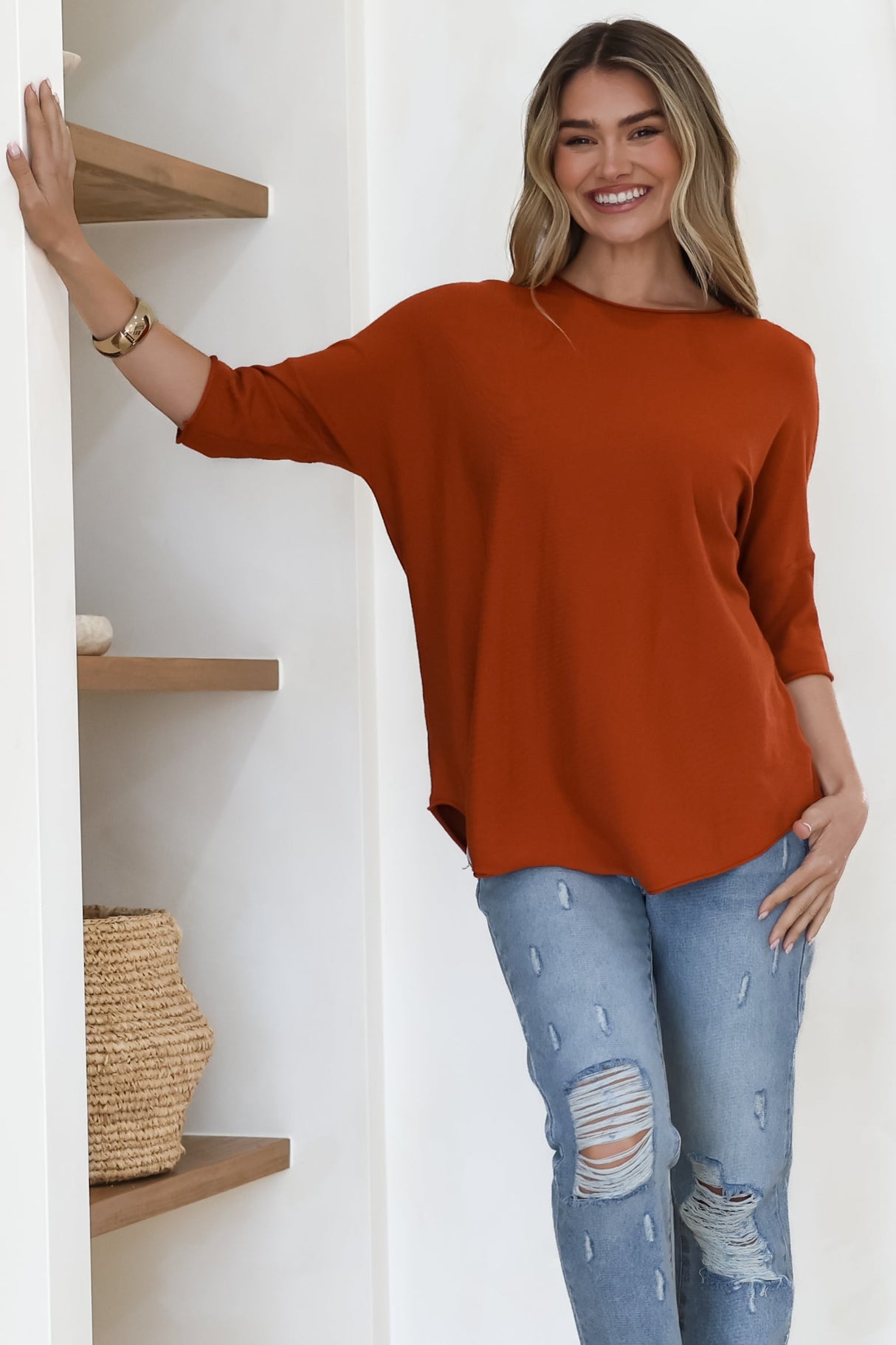 Allegra Knit Top - Crew Neck Curved Hem Box Silhouette Top in Burnt Orange