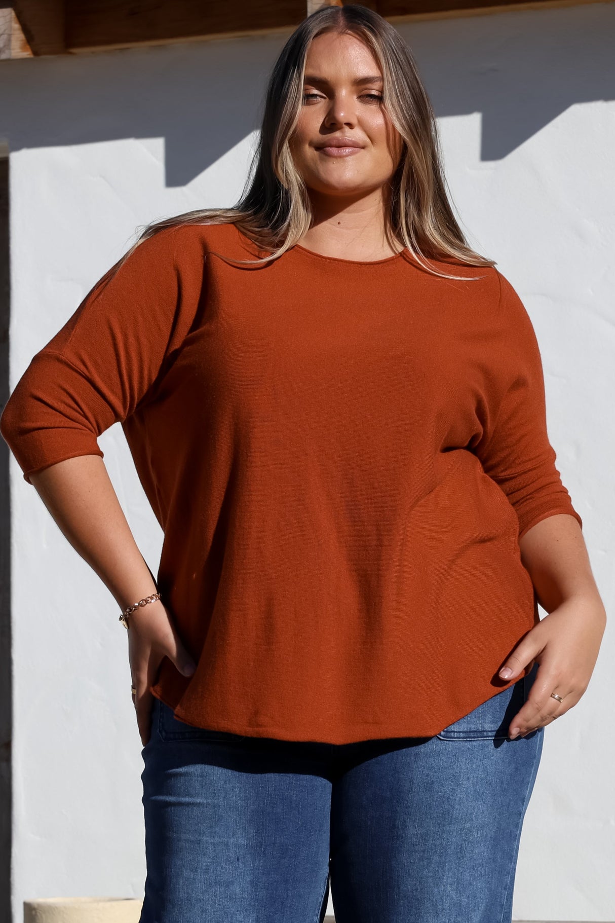 Allegra Knit Top - Crew Neck Curved Hem Box Silhouette Top in Burnt Orange