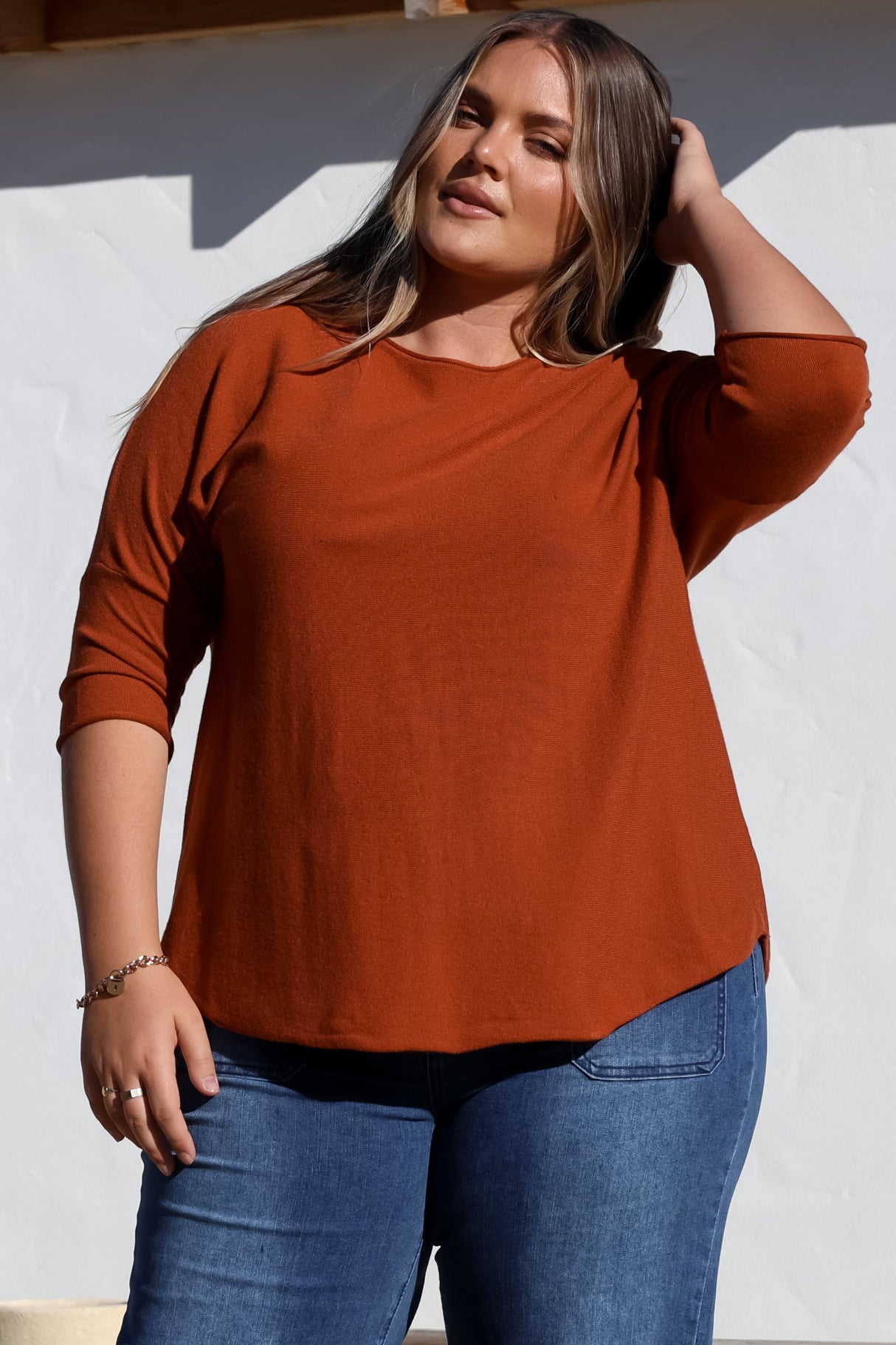 Allegra Knit Top - Crew Neck Curved Hem Box Silhouette Top in Burnt Orange