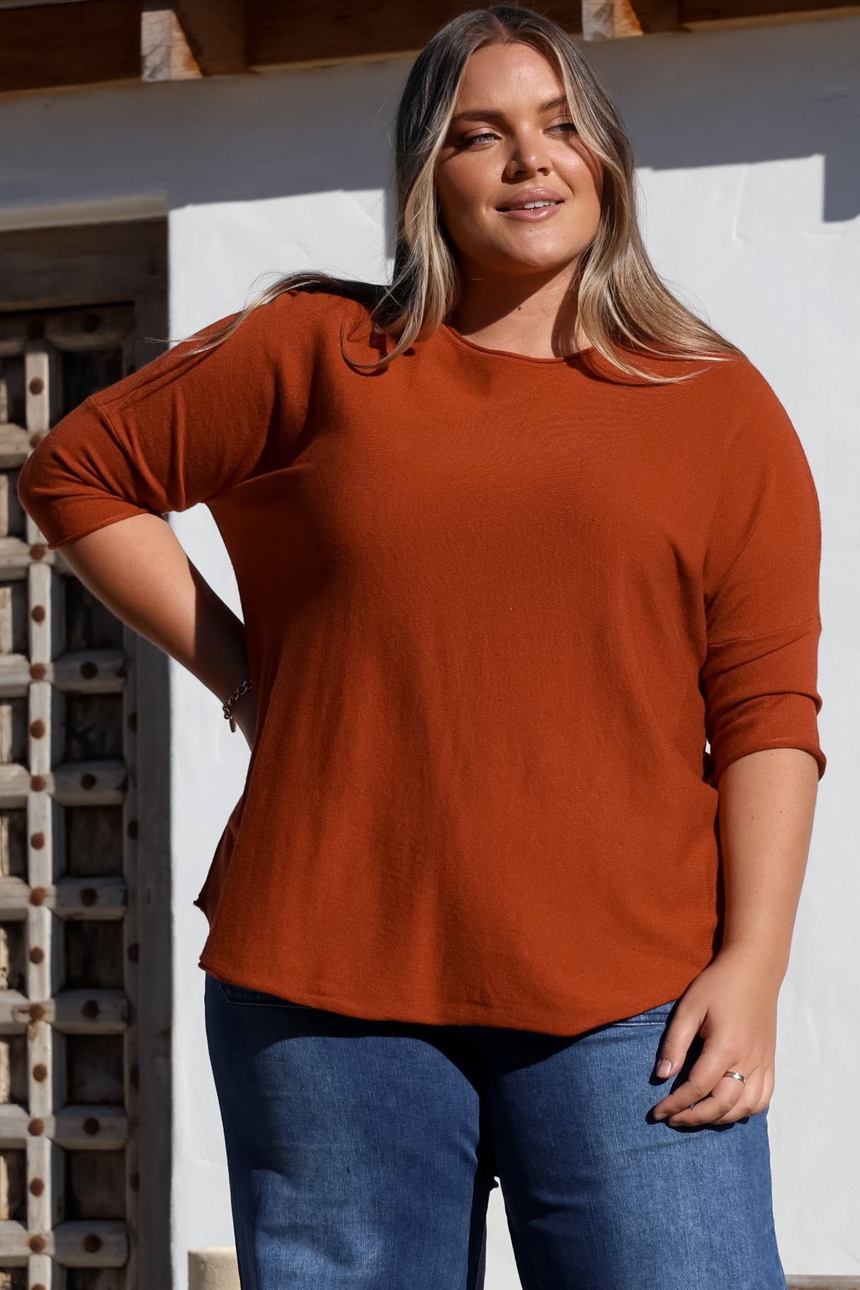 Allegra Knit Top - Crew Neck Curved Hem Box Silhouette Top in Burnt Orange