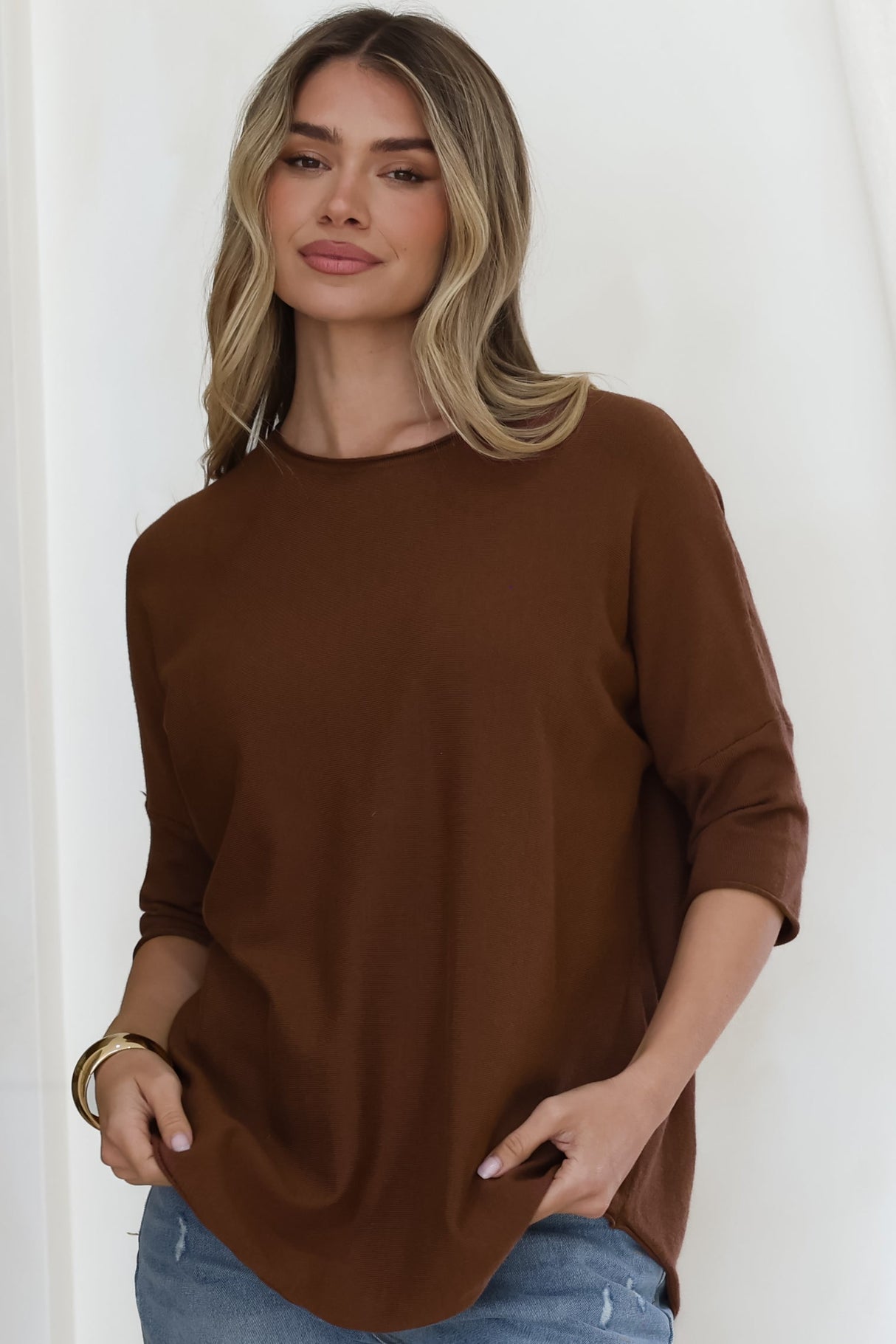 Allegra Knit Top - Crew Neck Curved Hem Box Silhouette Top in Chocolate