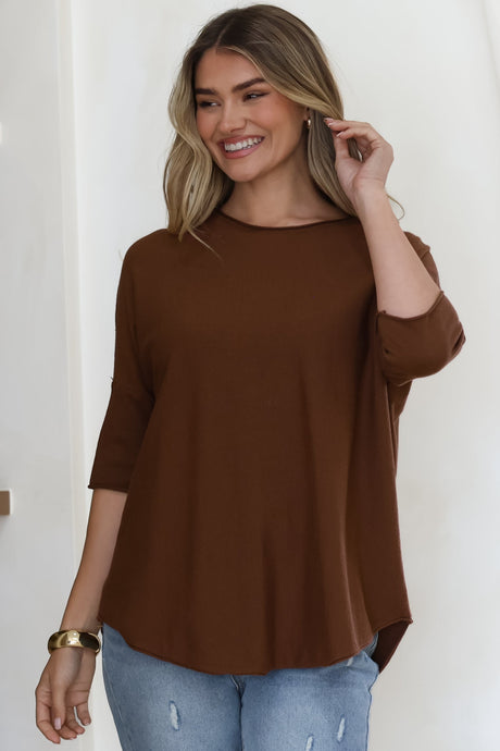 Allegra Knit Top - Crew Neck Curved Hem Box Silhouette Top in Chocolate