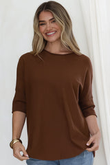 Allegra Knit Top - Crew Neck Curved Hem Box Silhouette Top in Chocolate