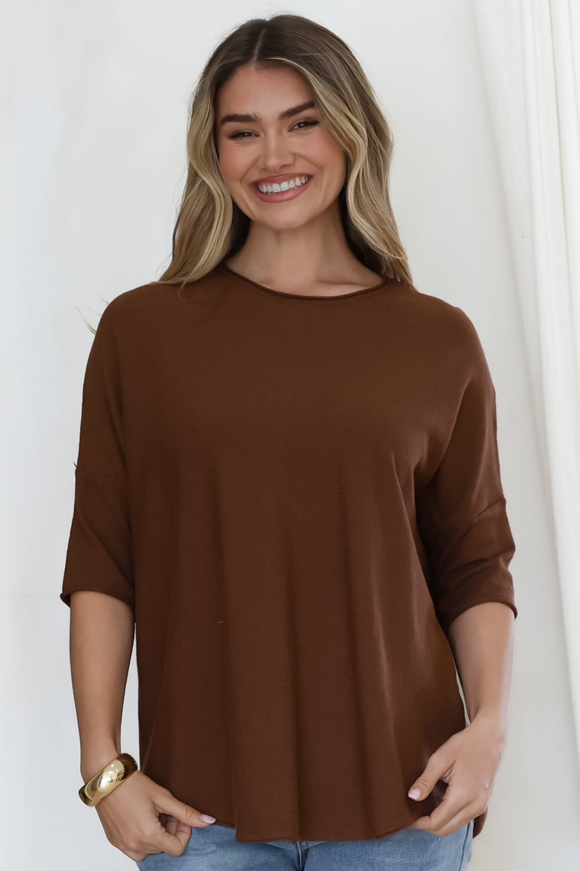 Allegra Knit Top - Crew Neck Curved Hem Box Silhouette Top in Chocolate