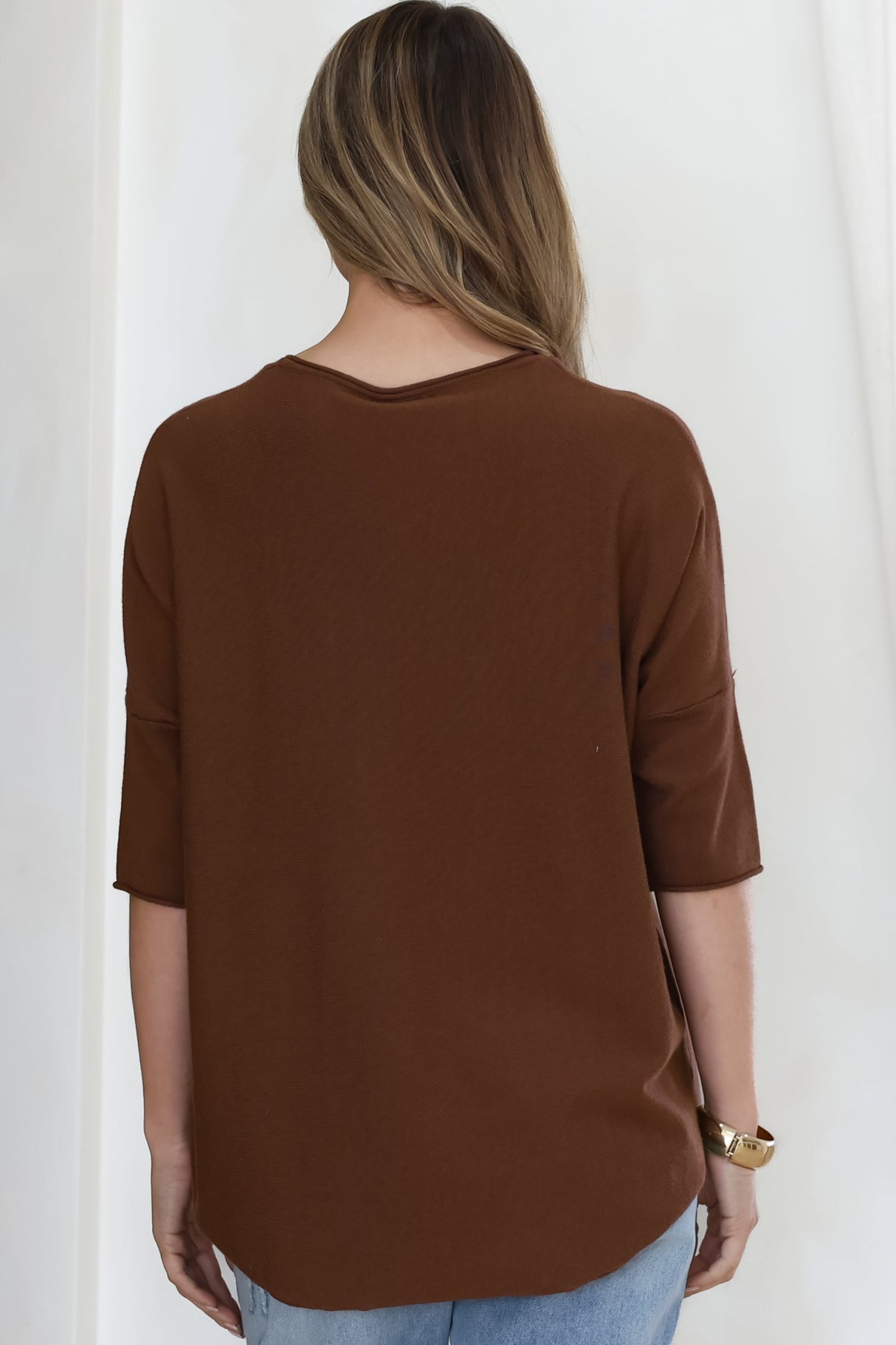 Allegra Knit Top - Crew Neck Curved Hem Box Silhouette Top in Chocolate